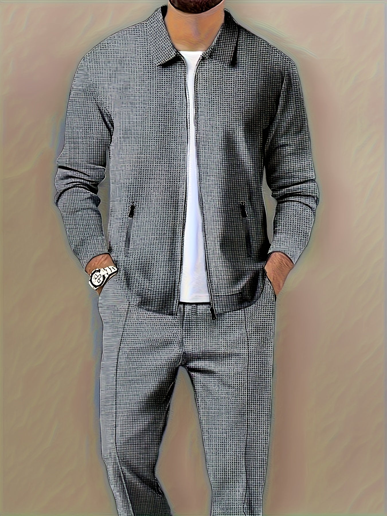 Men's Casual Waffle Suit Polyester Solid Color Regular Fit Spring Fall