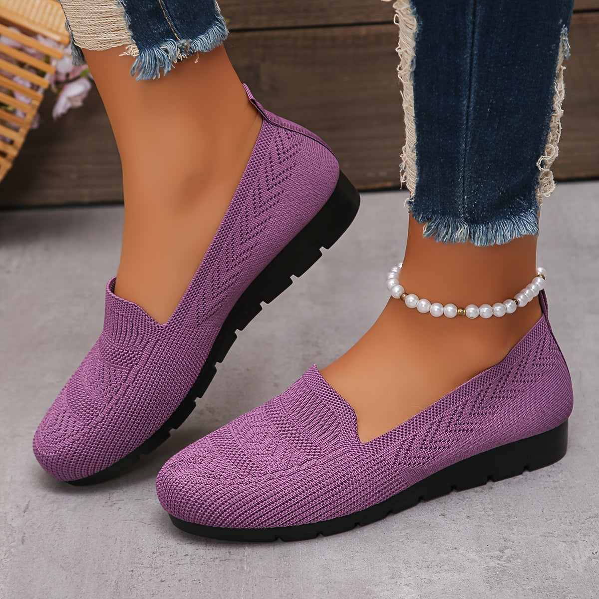 Women's Knit Slip-On Loafers Comfortable Breathable Non-Slip Casual Shoes