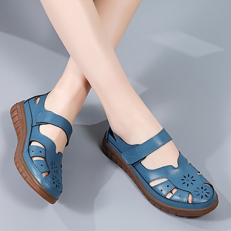 Women's Breathable Leather Sports Sandals with Hook and Loop Fastener and Cut Out Design