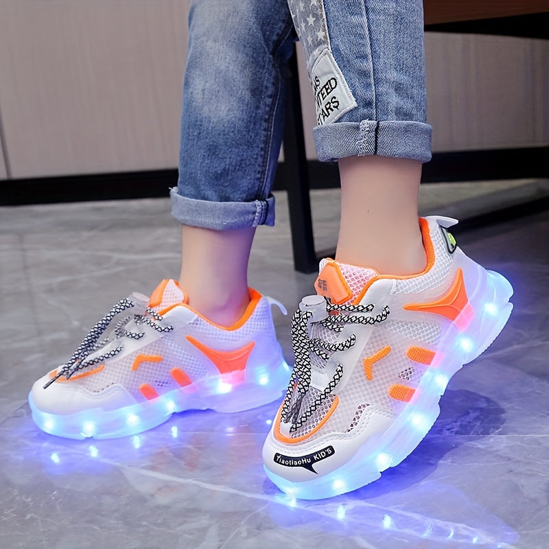 Kids LED Light-Up Sneakers Breathable Mesh Non-Slip Soft Sole for Boys Girls Toddler Children in White Blue Orange