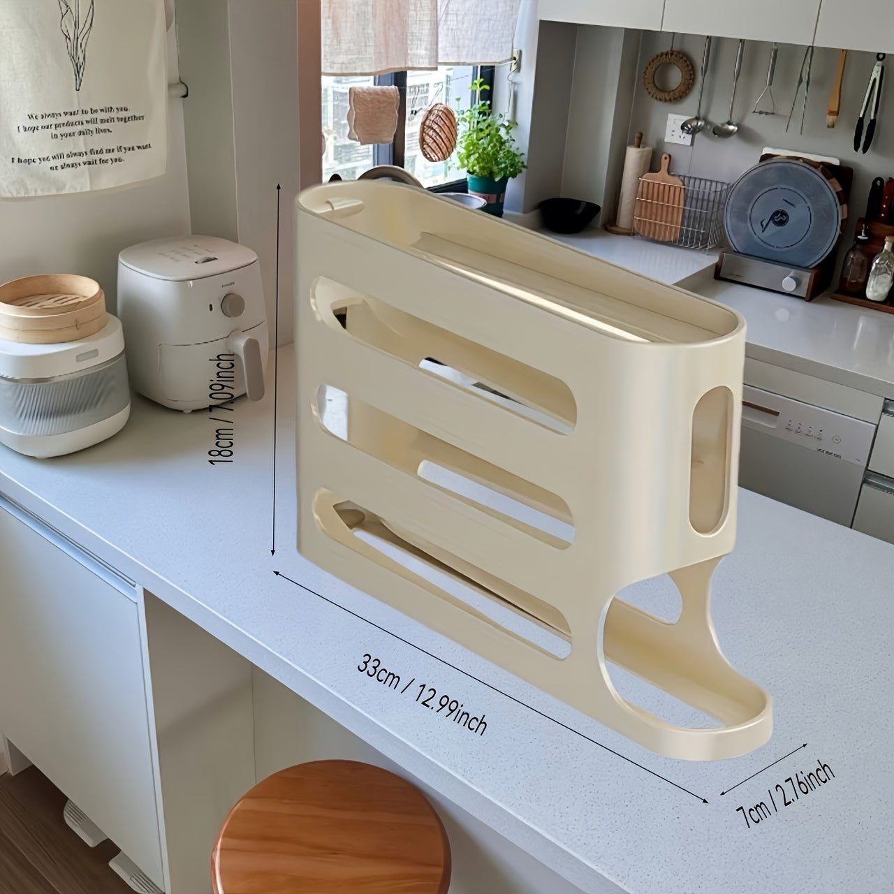 Bandeja de almacenamiento para huevos de nevera, plástico de grado alimentario, beige, organizador de 3 niveles