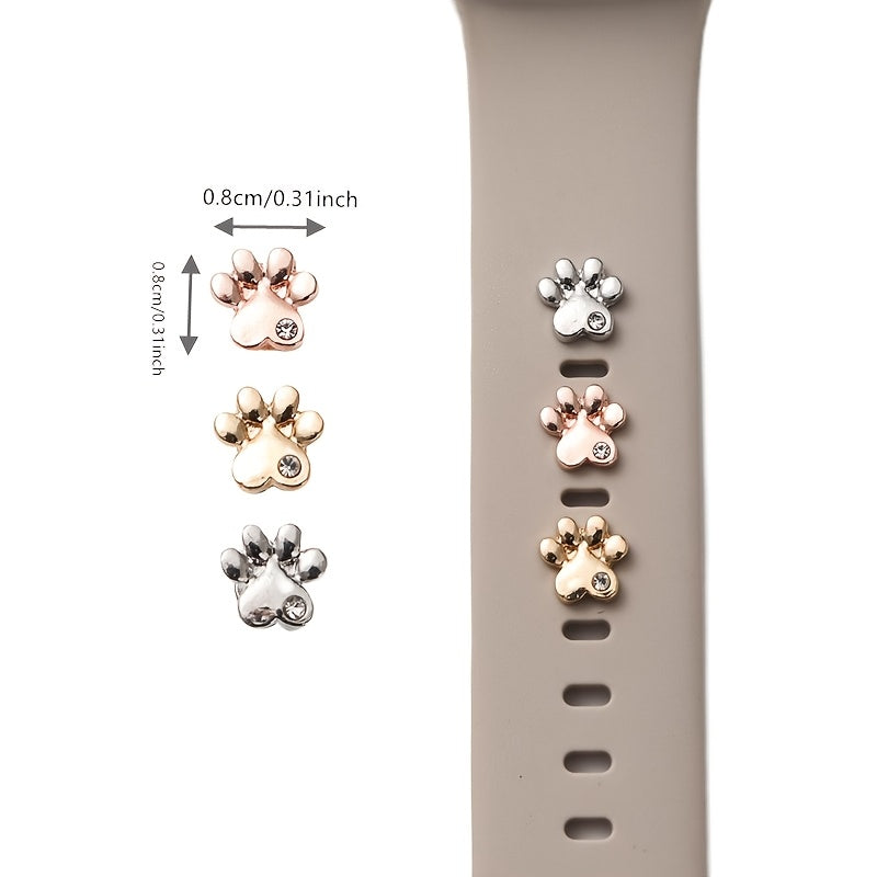 Set of 3 Dog Paw Rhinestone Nail Charms for Silicone Watch Bands Metal Decorative Accessories