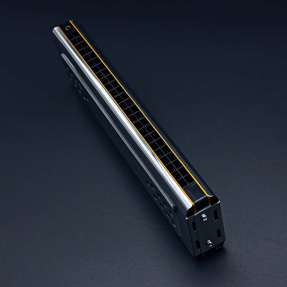 24-Hole Polyphonic Harmonica C and G Key Metal Polished Silver Grey with Box and Cleaning Cloth