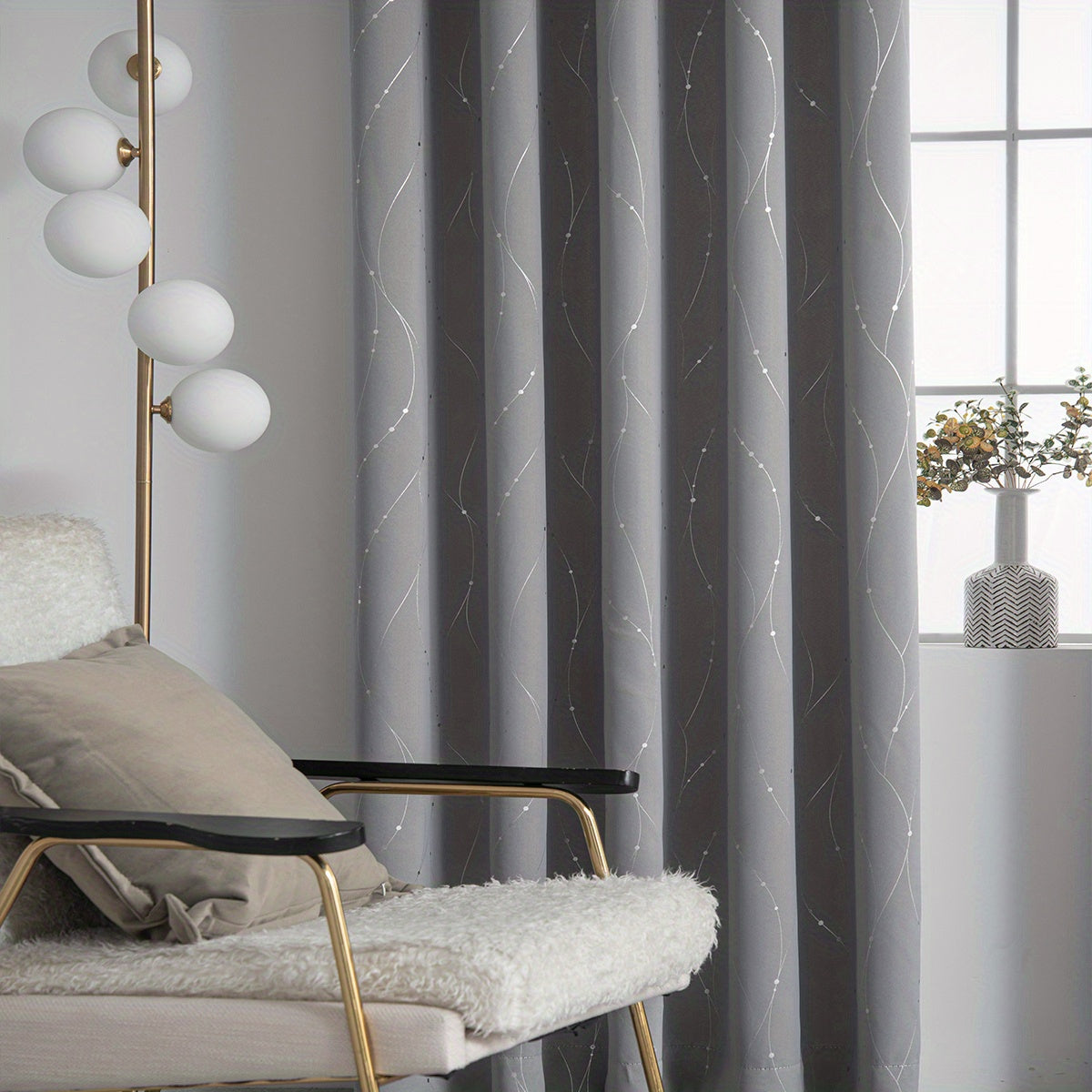 Blackout Curtain Elegant Silvery Wave Line Pattern Blackout Curtain for Living Room Bedroom Kitchen Bathroom