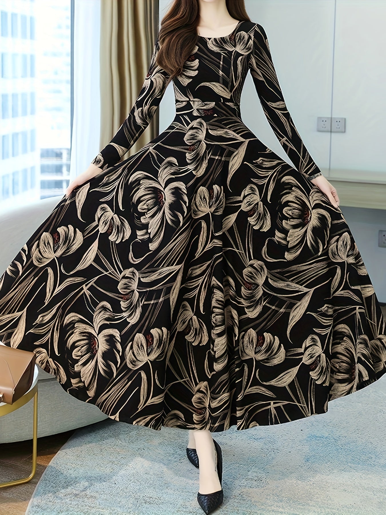 Vestido floral de manga larga con bolsillos y cintura adelgazante para primavera y verano