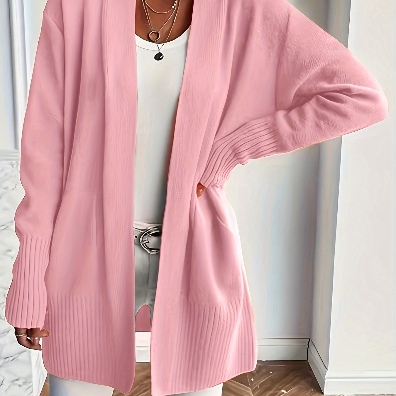 Women's Long Sleeve Knit Cardigan with Open Front and Pockets Fall Winter Solid Color Loose Fit