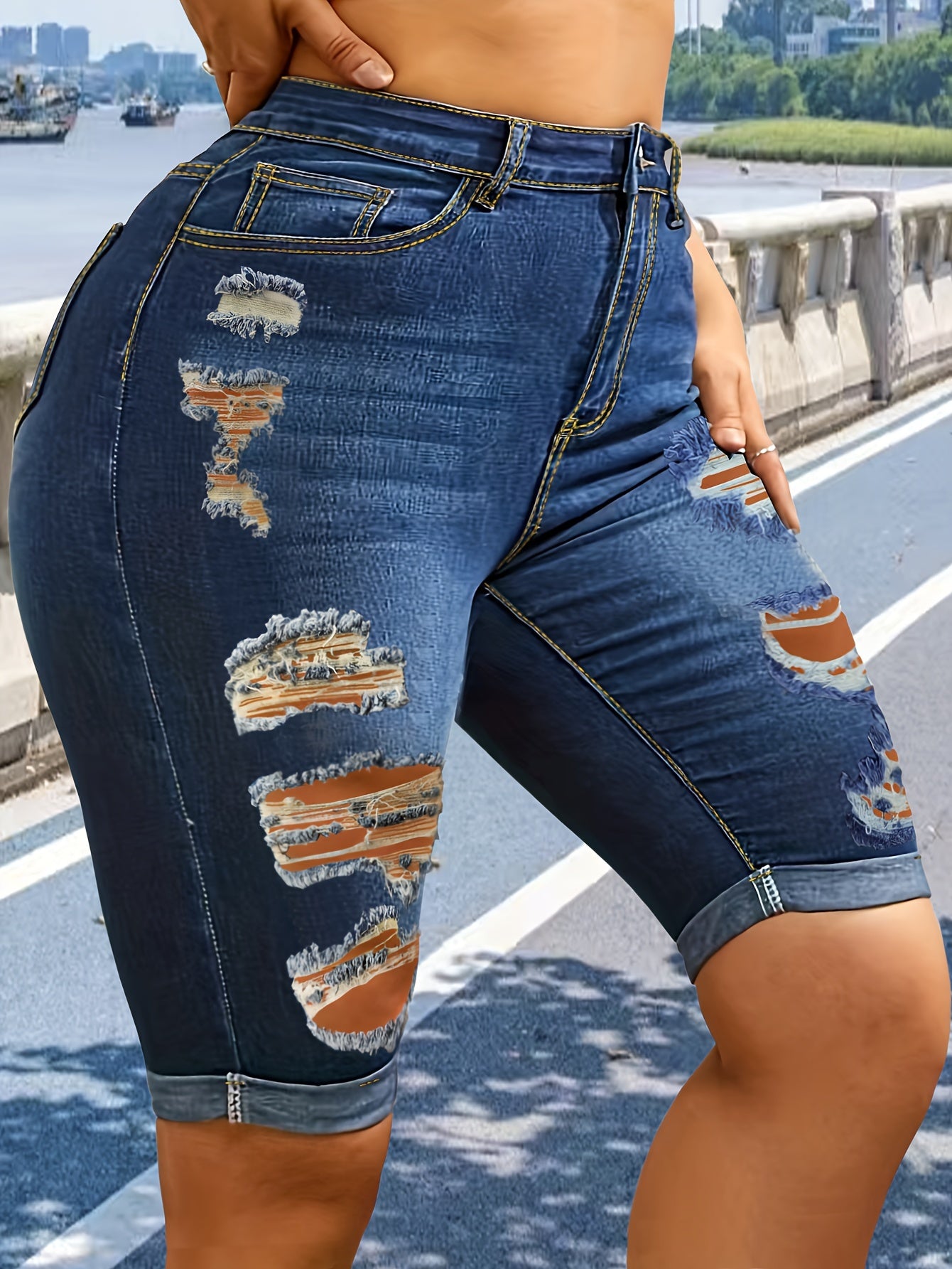 Shorts de mezclilla de talla grande para mujer de tiro alto con elastano, desgastados y a la rodilla, casual