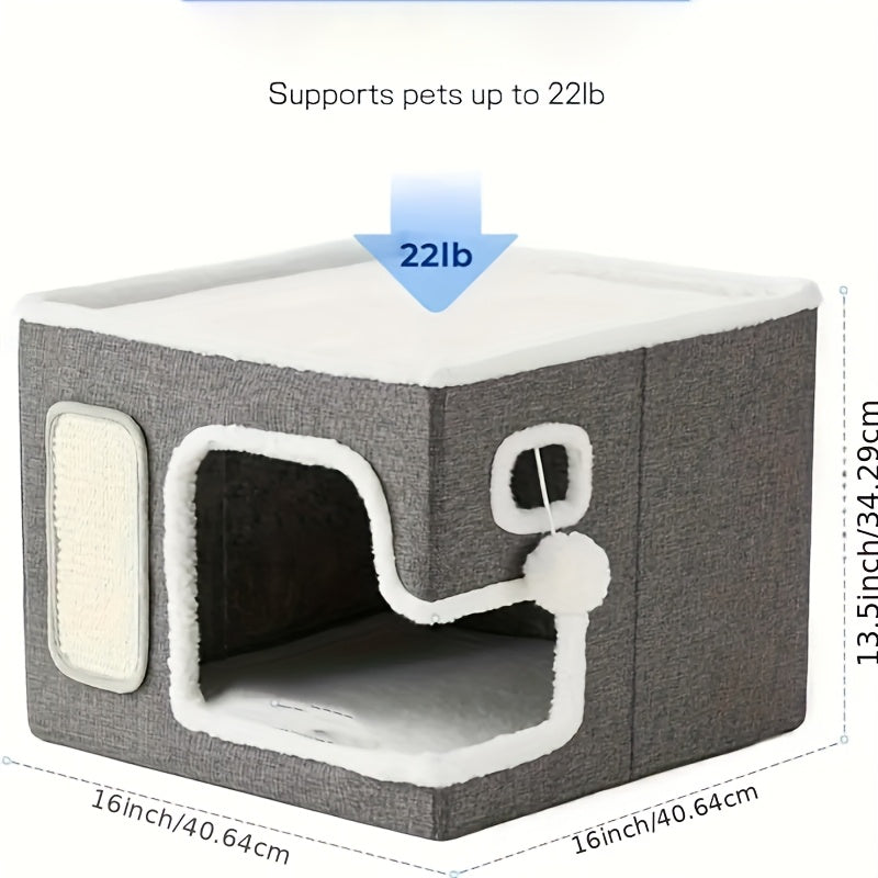 Ichki mushuklar uchun mo'ljallangan, kulrang rangdagi ko'p funksiyali ikki qatlamli mushuk yotoq, mushuk g'ori, kichik it palatasi, egiluvchan divan, tirnash taxtasi va barcha fasllar uchun mos matni o'z ichiga oladi.