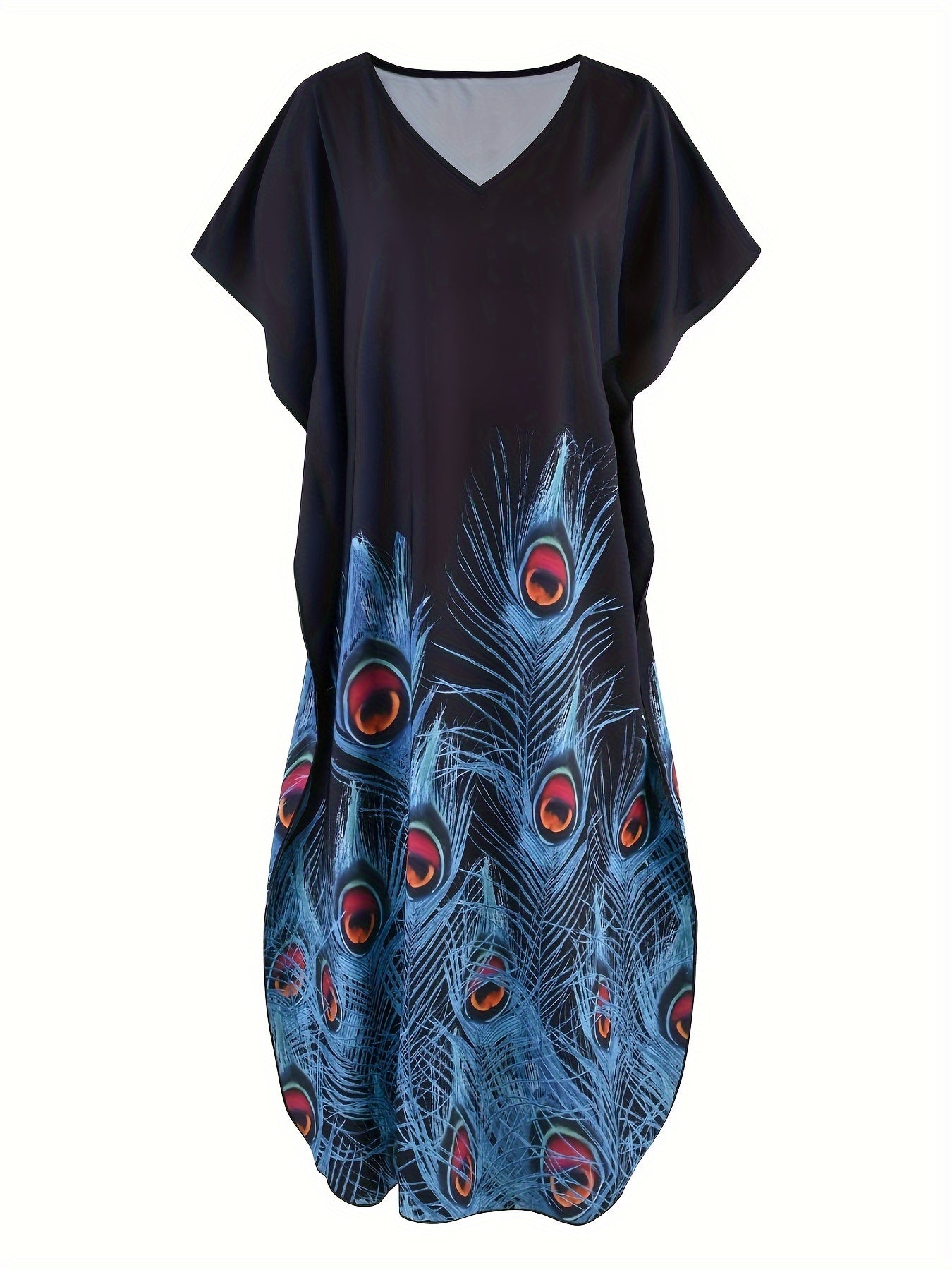 Plus Size Women's Kaftan Dress with V-Neck Short Batwing Sleeves Long Length Slit Polyester Elastane