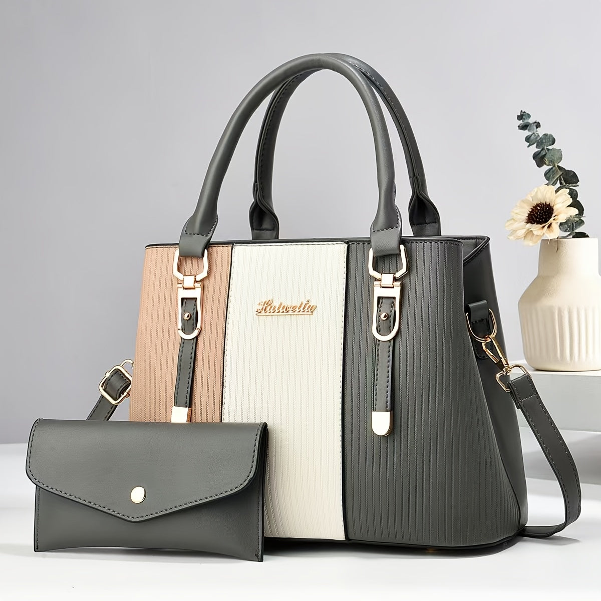 Black Elegant Tote Bag with Fixed Shoulder Straps Zipper Closure and Matching Clutch