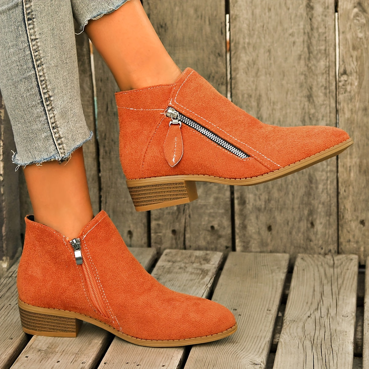 Women's Ankle Boots Retro Solid Color Casual Leather Footwear with Chunky Heel