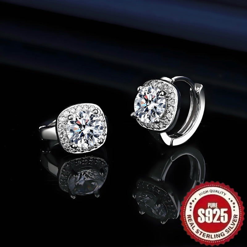 925 Silver Retro Square Earrings with Synthetic Zircon for Daily and Party Wear