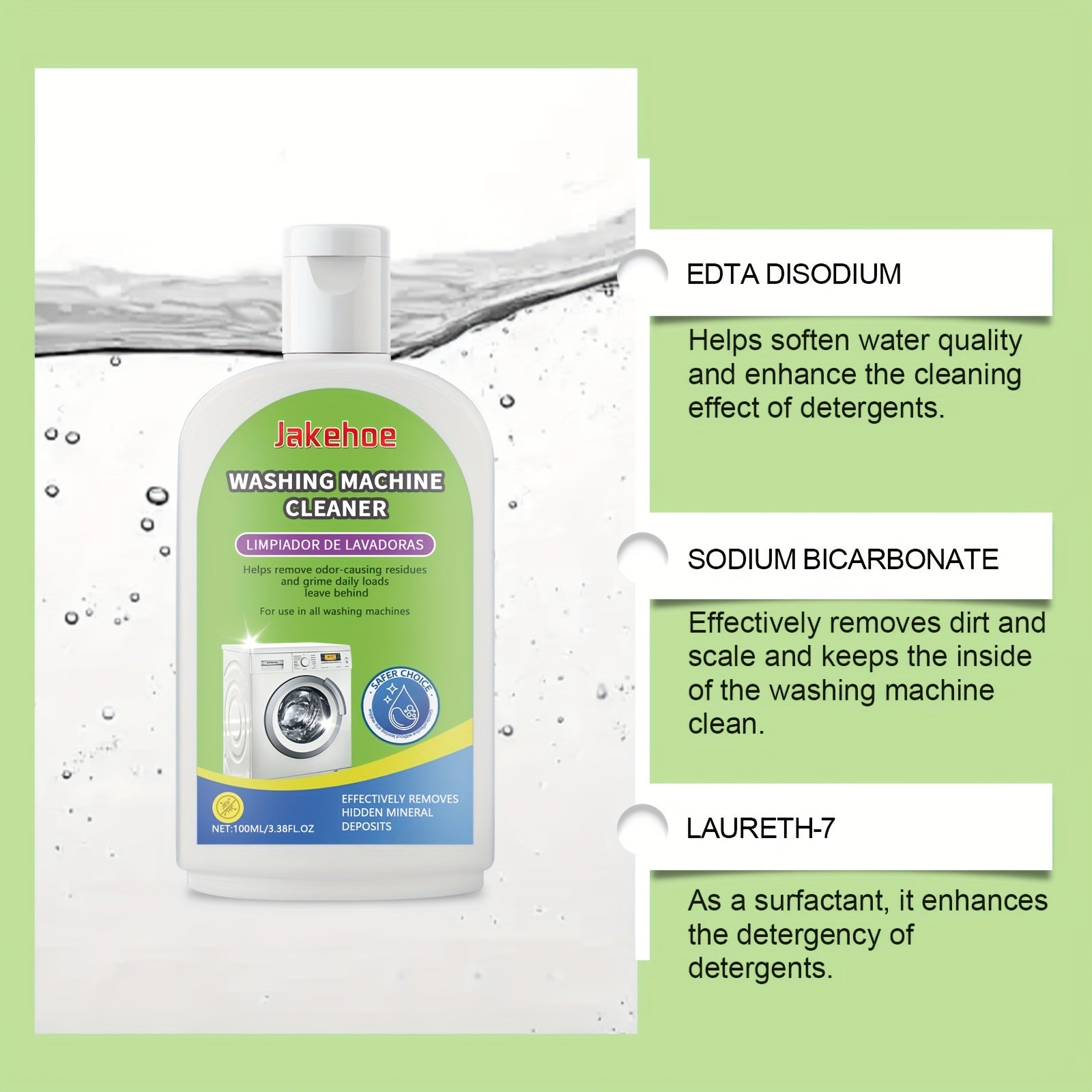 Jakehoee yuqori yuklashli kir yuvish mashinasi tozalovchisi - barrellar uchun chuqur tozalash spreyi, dog'larni va hidlarni olib tashlaydi, metall yuzalar uchun xavfsiz, qoldiqsiz suyuq formula, natriy bikarbonati bilan kuchli tozalash, <1L sig'im.