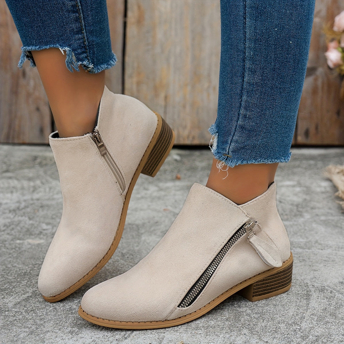 Women's Velvet Ankle Boots, Chunky Heel, Pointed Toe, Side Zipper