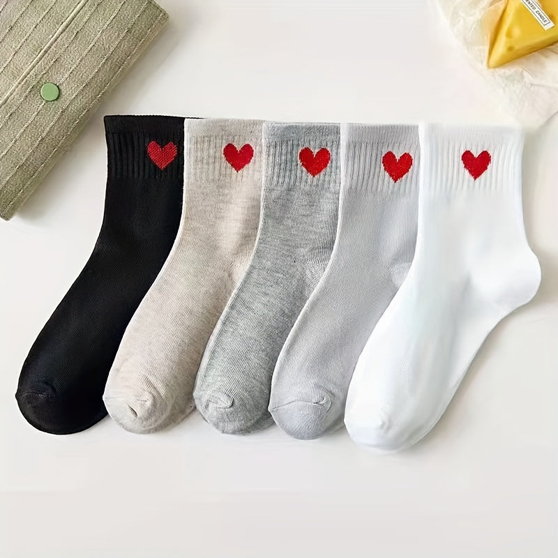 Women's Mid-Tube Socks 5 Pairs Heart Pattern Rib Knit Polyester Comfortable