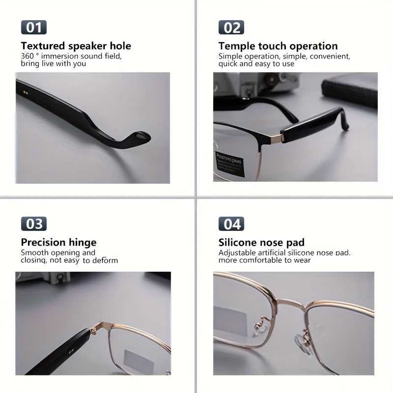 Mikrofon va dinamiklari bo'lgan simsiz audio aqlli ko'zoynaklar, polarizatsiyalangan linzalar va ovozli yordamchi.