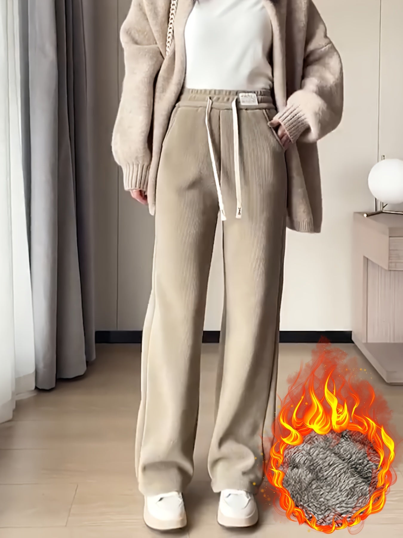 Women's Fleece-Lined Corduroy Wide Leg Pants Long Winter Joggers with Drawstring