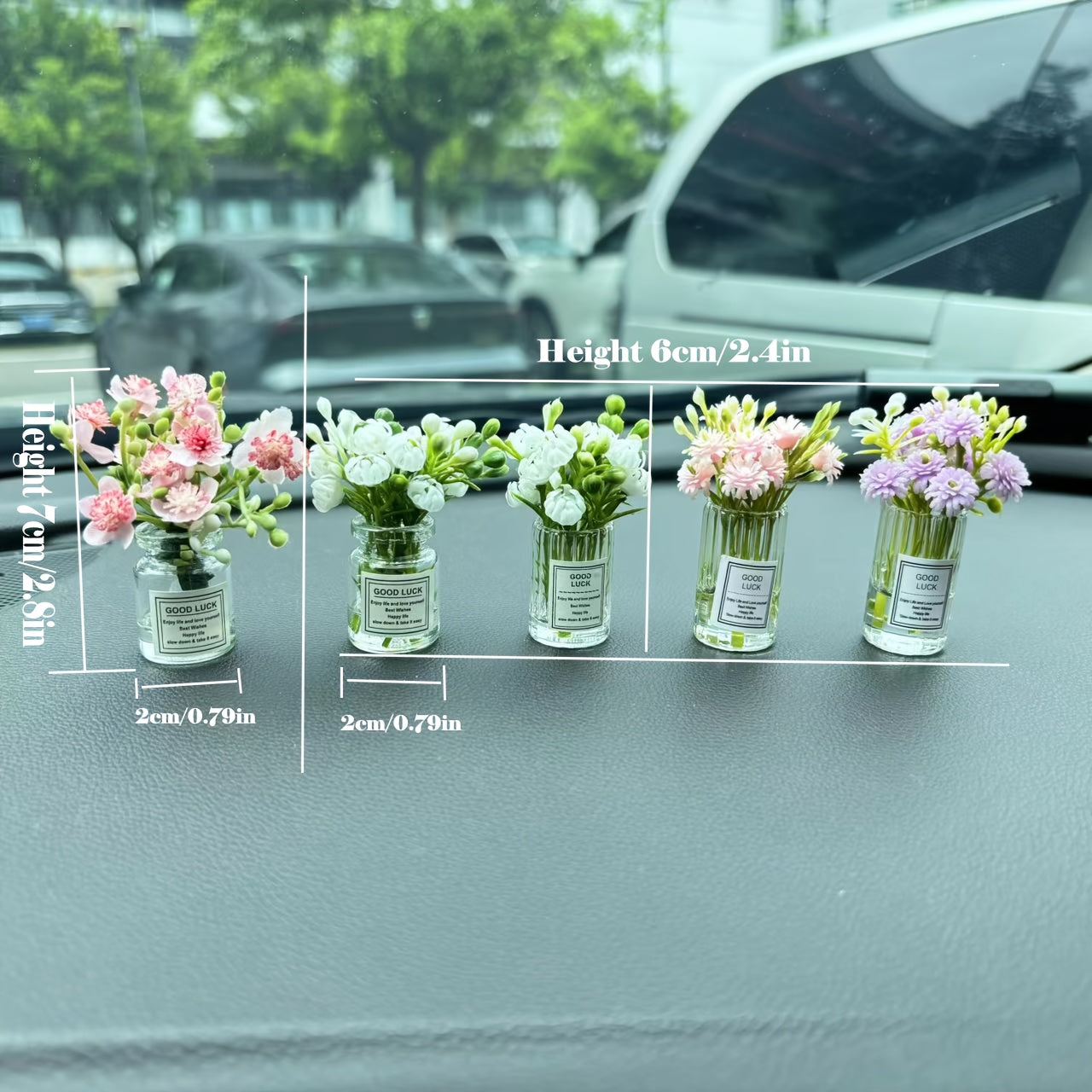 Mini White Flower Arrangement in Glass Vase Car Dashboard Decoration Plastic Ornament