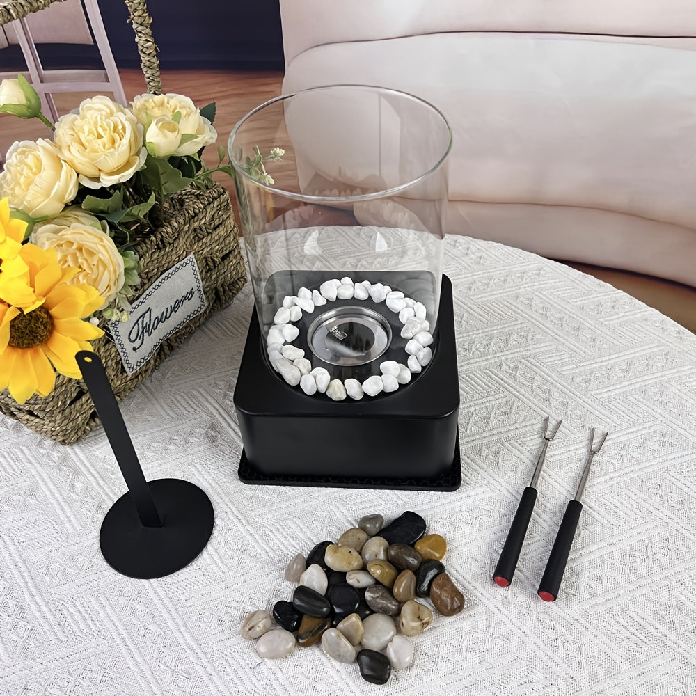 Modern Metal Bioethanol Fire Pit Portable Tabletop Fireplace with Stones and Accessories
