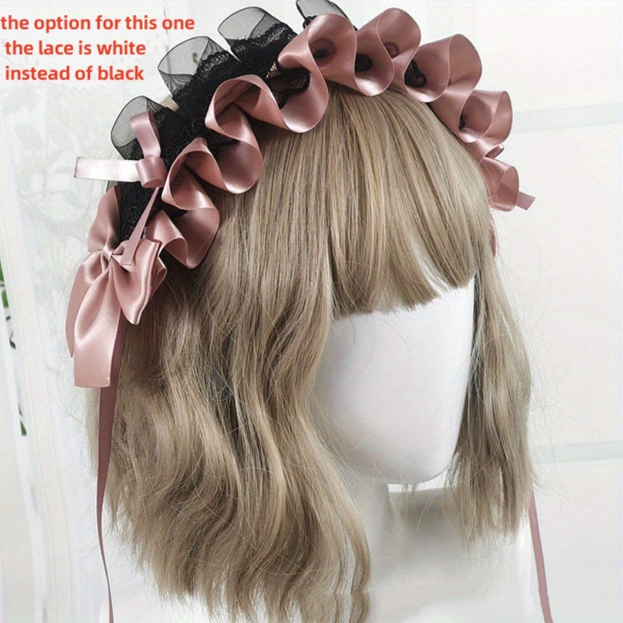 Ruffled Lace Ribbon Bow Headband with Hairpins for Girls in Contrasting Colors