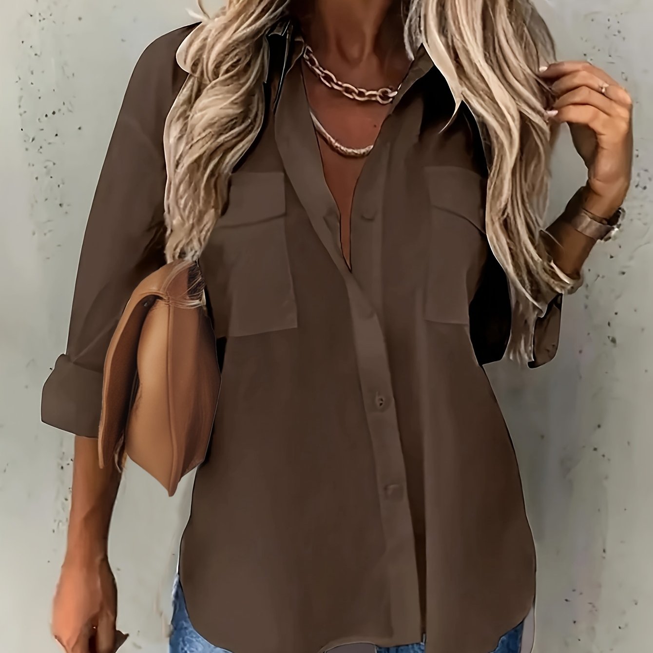 Plus Size Women's Chambray Short Sleeve Button-Up Shirt Casual Office Wear