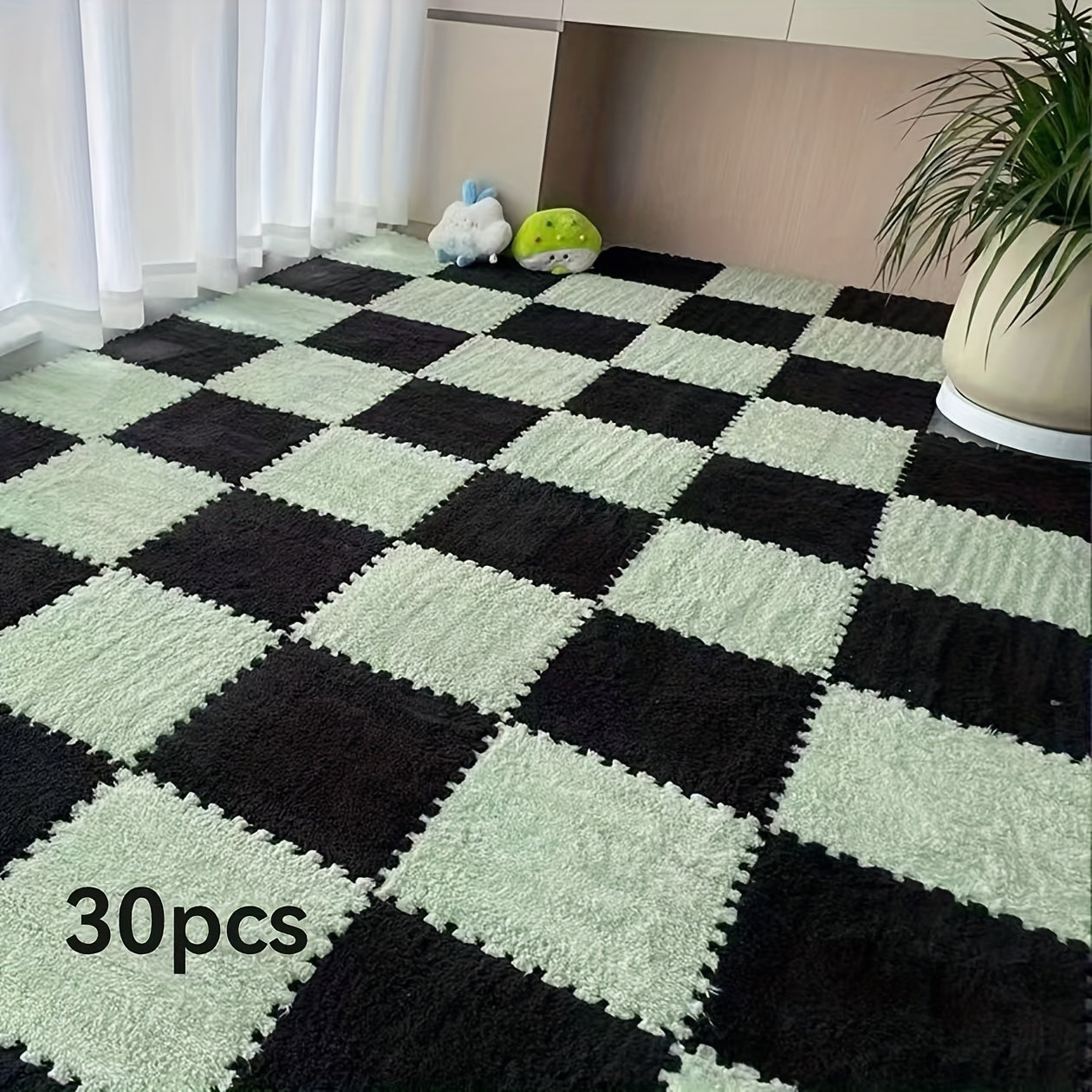 Set of 30 Braided Flannel Area Rugs Square Mats Low Pile Floor Tiles for Bedroom Living Room