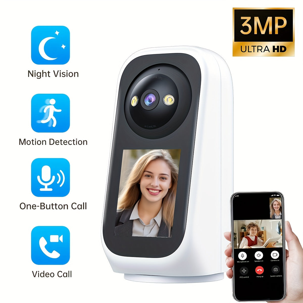 3MP HD WiFi Security Camera with 7.11cm Screen PTZ Night Vision Two-Way Audio Auto Tracking Home Monitoring