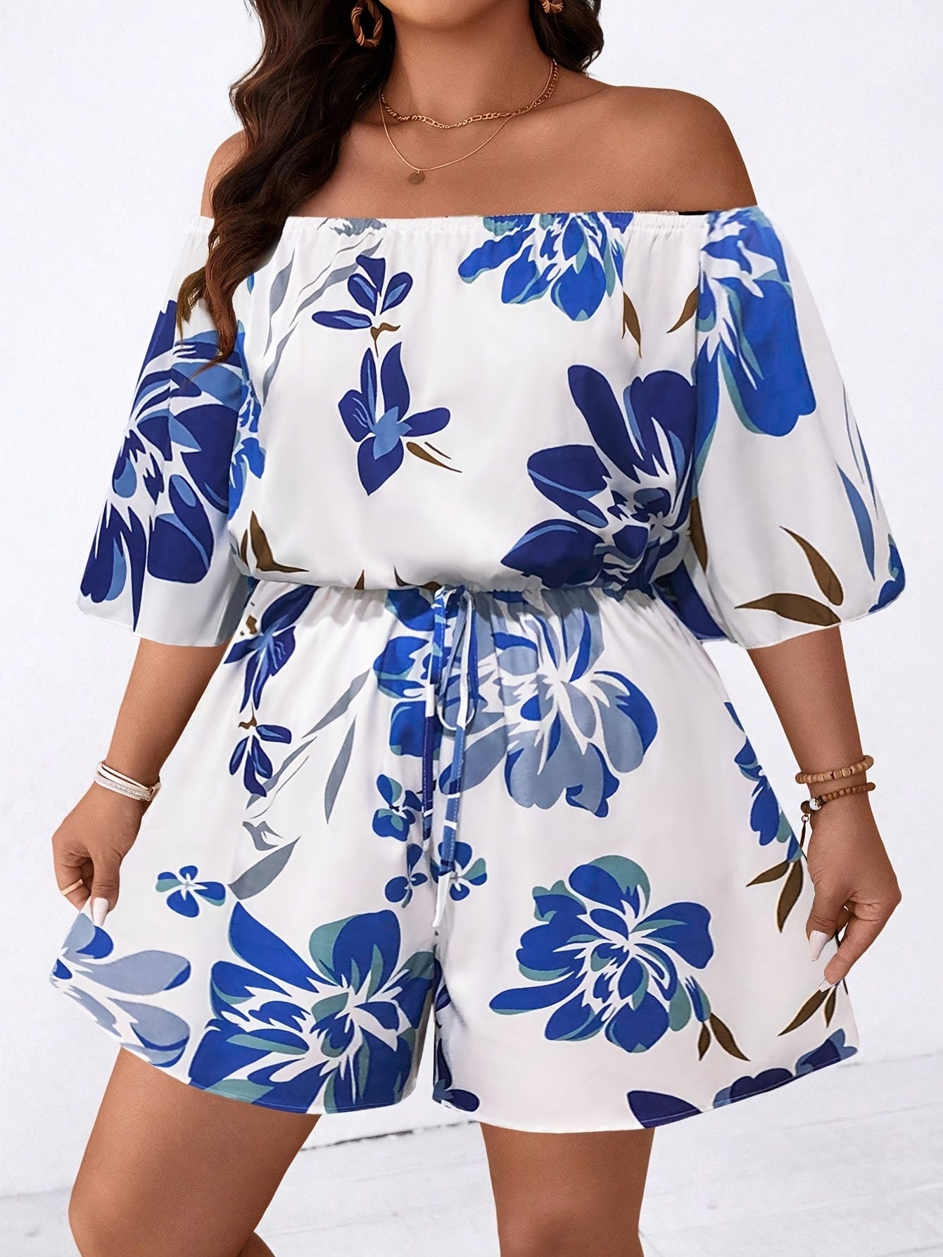 Plus Size Women's Off Shoulder Floral Jumpsuit Ruffled Hem Summer Casual