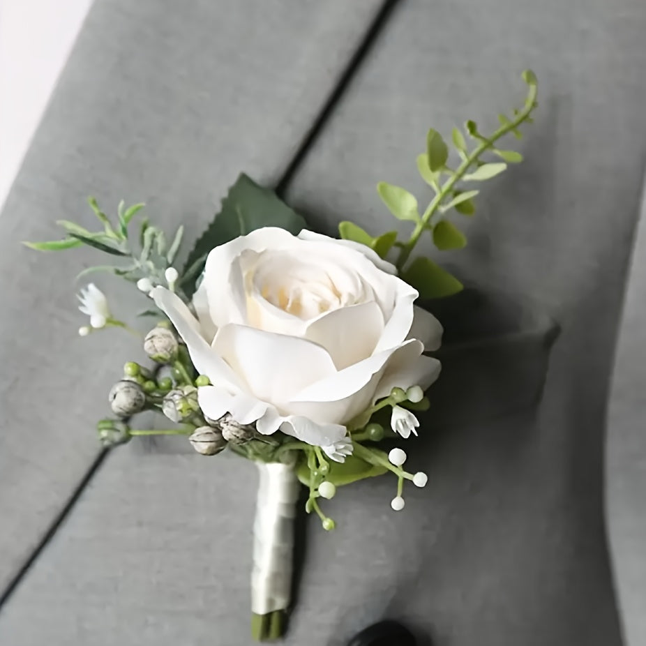 White Rose Corsage for Men Polyester Boutonniere for Weddings and Special Occasions