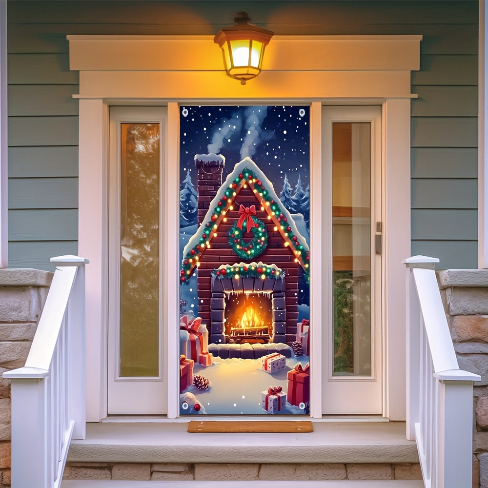Festive Snowy Fireplace Door Cover for Holiday Winter Events Cozy Entryway