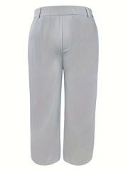 Plus Size Women's Gray Polyester Suit Pants with Elastic Waist Casual Office Wear