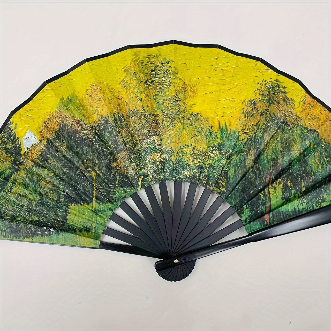 "Zarif Landshaft Printi bilan Qo'l Ventilyatori, Raqqoslik Ko'rsatmalari va Cheongsam Kiymak Uchun Mukammal, Yuqori Sifatli Bosma va Egiluvchan Dizayn"