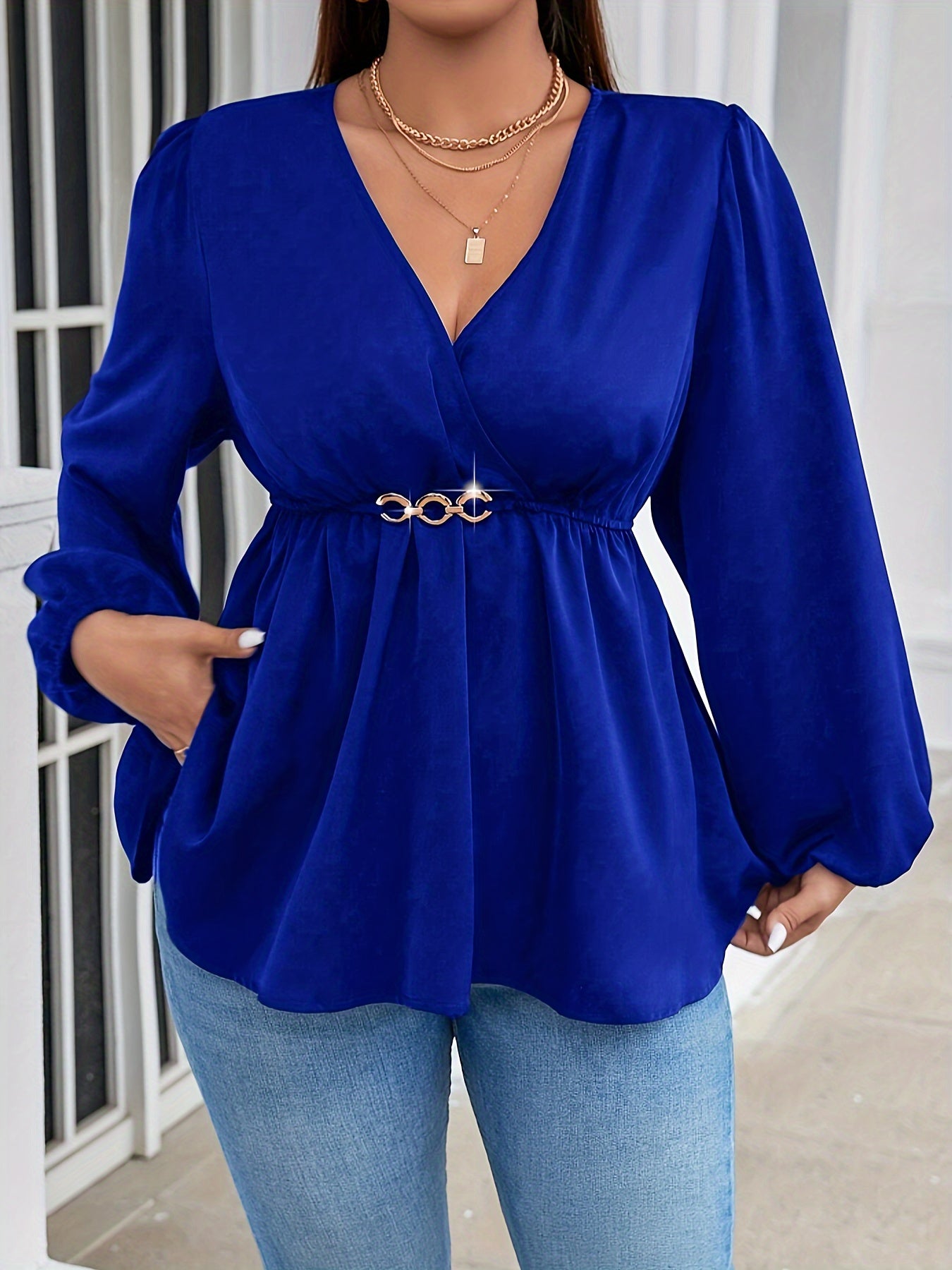Women's Plus Size V-Neck Lantern Sleeve Blouse Stretchy Polyester Spandex