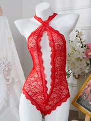 Red Lace Bodysuit with Bow Detail and Floral Print Lingerie