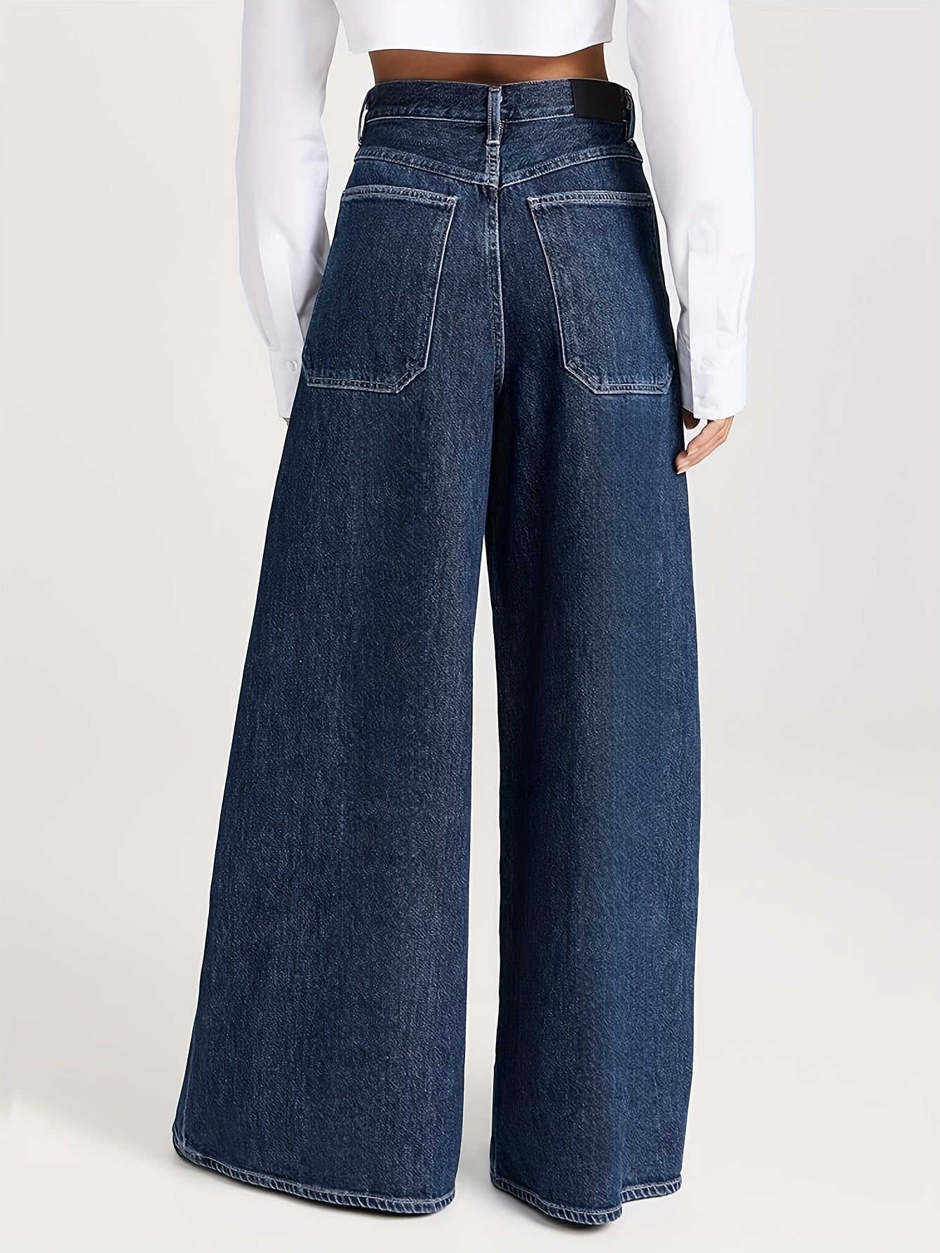 Ayollar uchun keng bo'yinli jinsilar, kengroq, elastik denim, o'rta balandlik, vintage uslub, kundalik, qorong'i ko'k