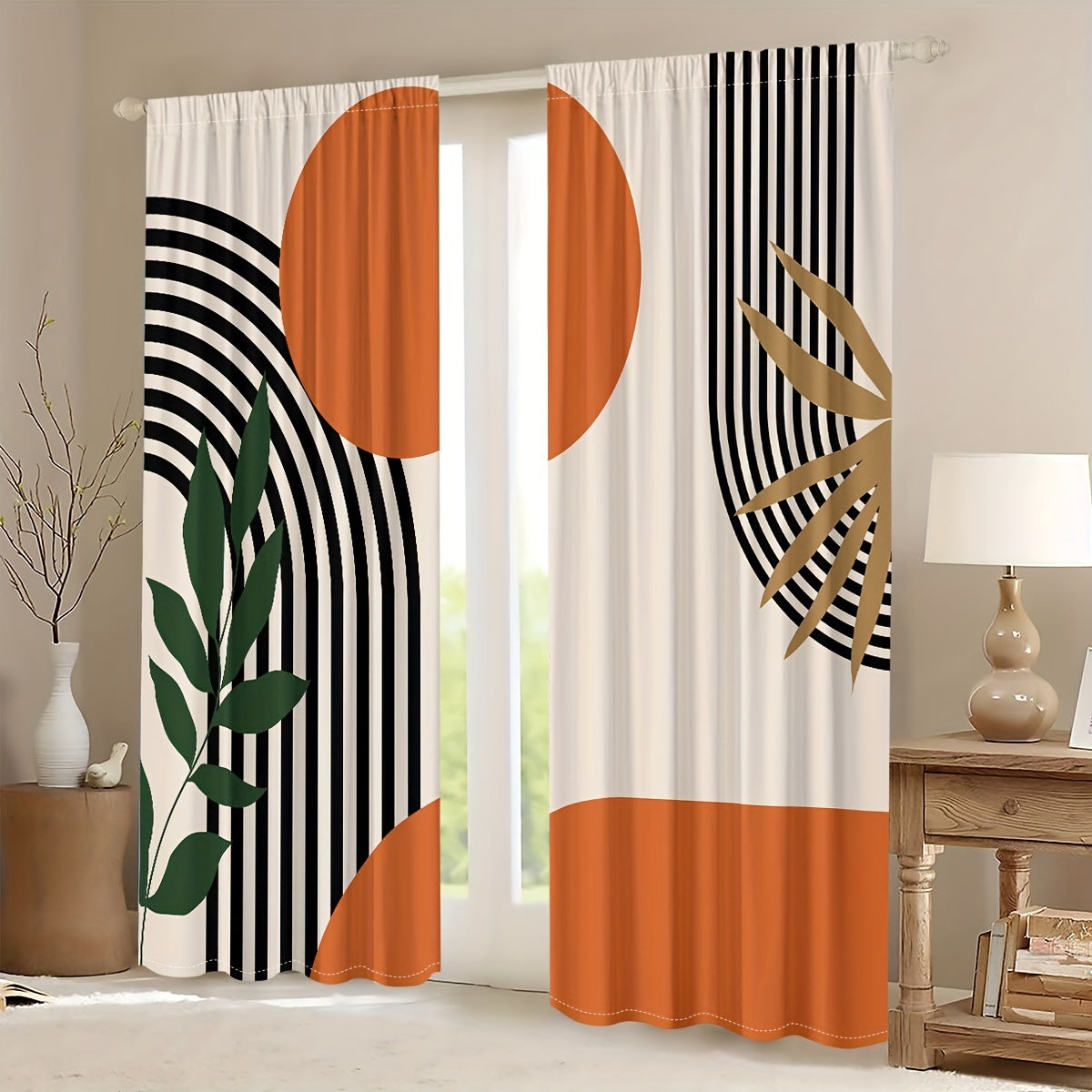 Two Pieces Modern Abstract Geometric Striped Curtains Translucent Privacy Drapes