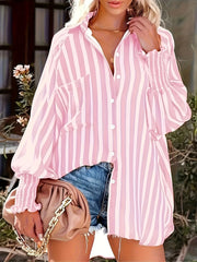 Women's Long Sleeve Striped Shirt Pink White Button-Up Casual Vacation