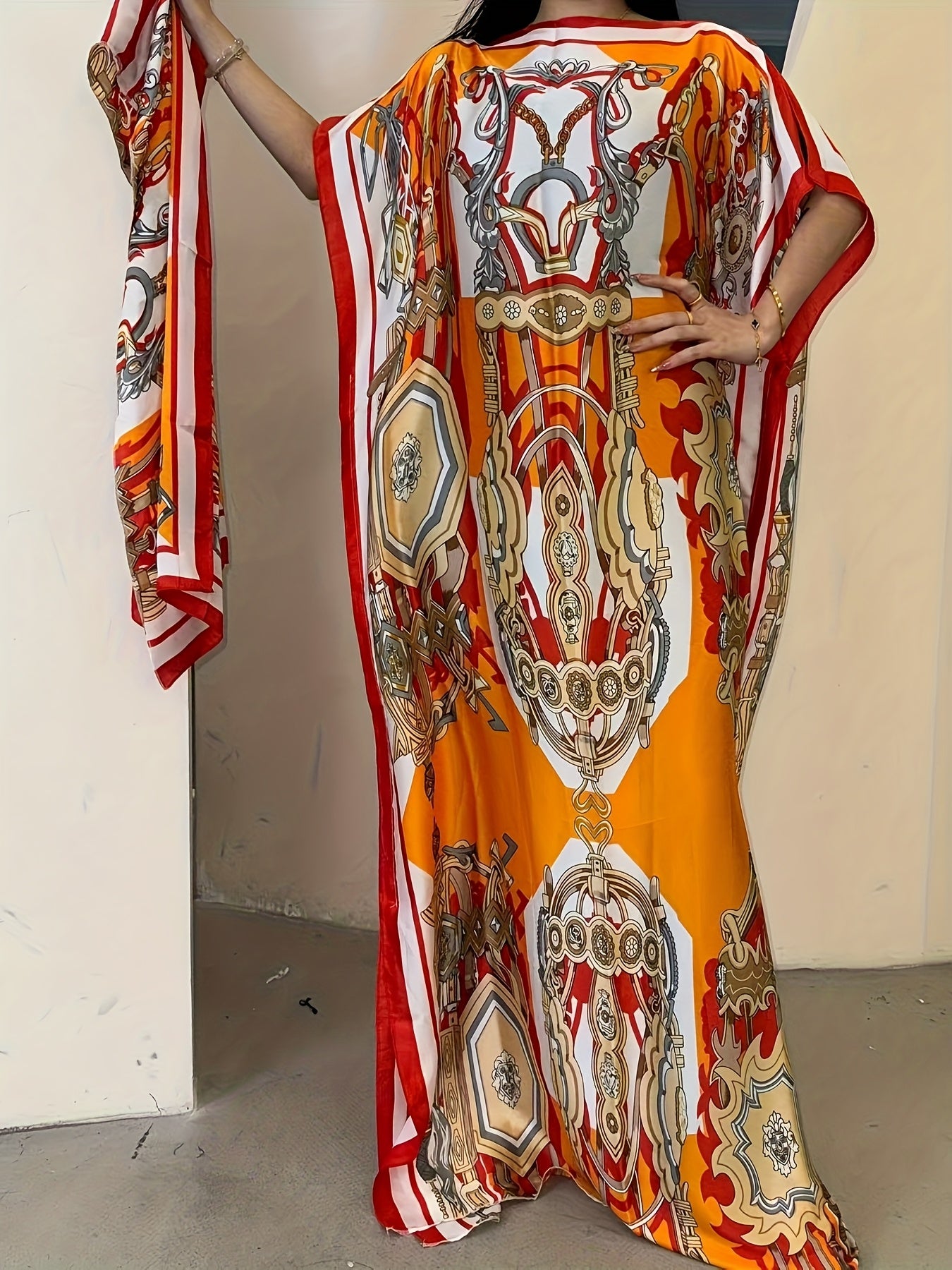 Women's Floral Print Boat Neck Abaya Batwing Sleeve Maxi Dress