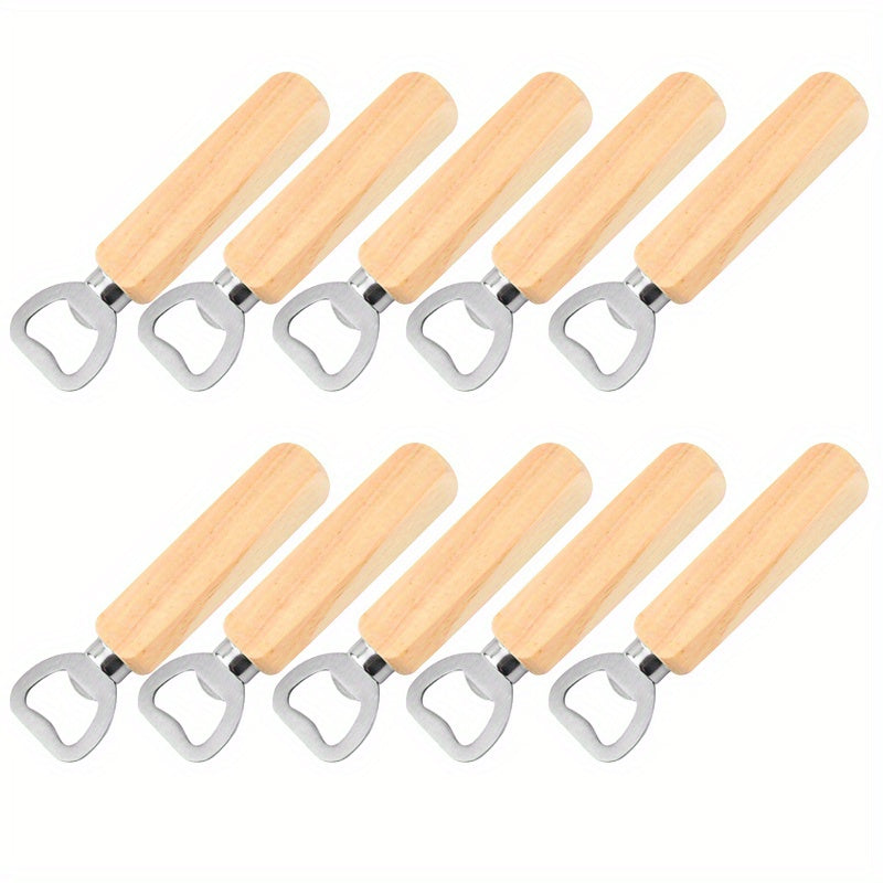 10pcs Stainless Steel Bottle Openers with Wooden Handles for Beer Wine Juice