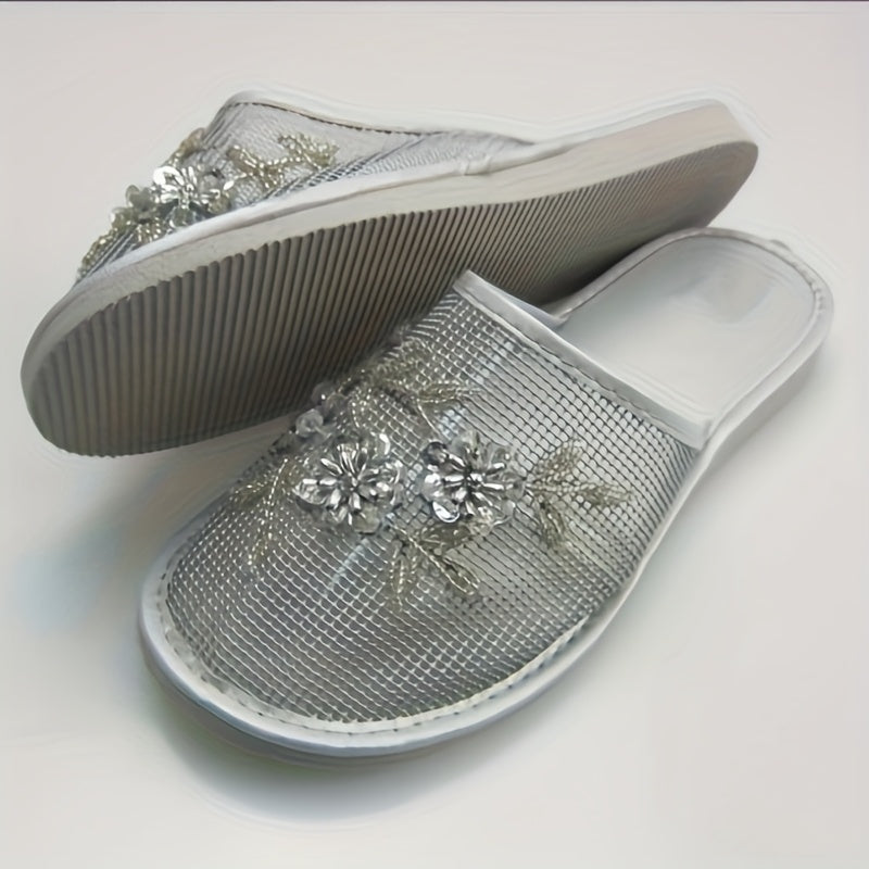 Women's Black Mesh Slide Sandals with Spider Web Pattern Lightweights