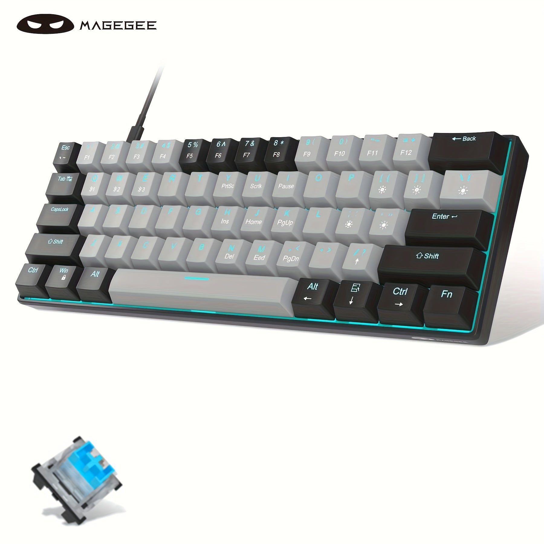 Ergonomic 60% Mechanical Gaming Keyboard Blue Switches Sea Blue Backlit Compact USB