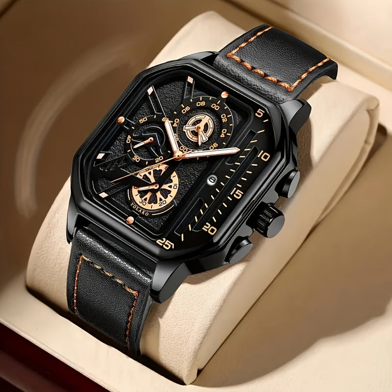 Men's Vintage Square Dial Chronograph Watch with Faux Leather Strap Quartz Movement Calendar