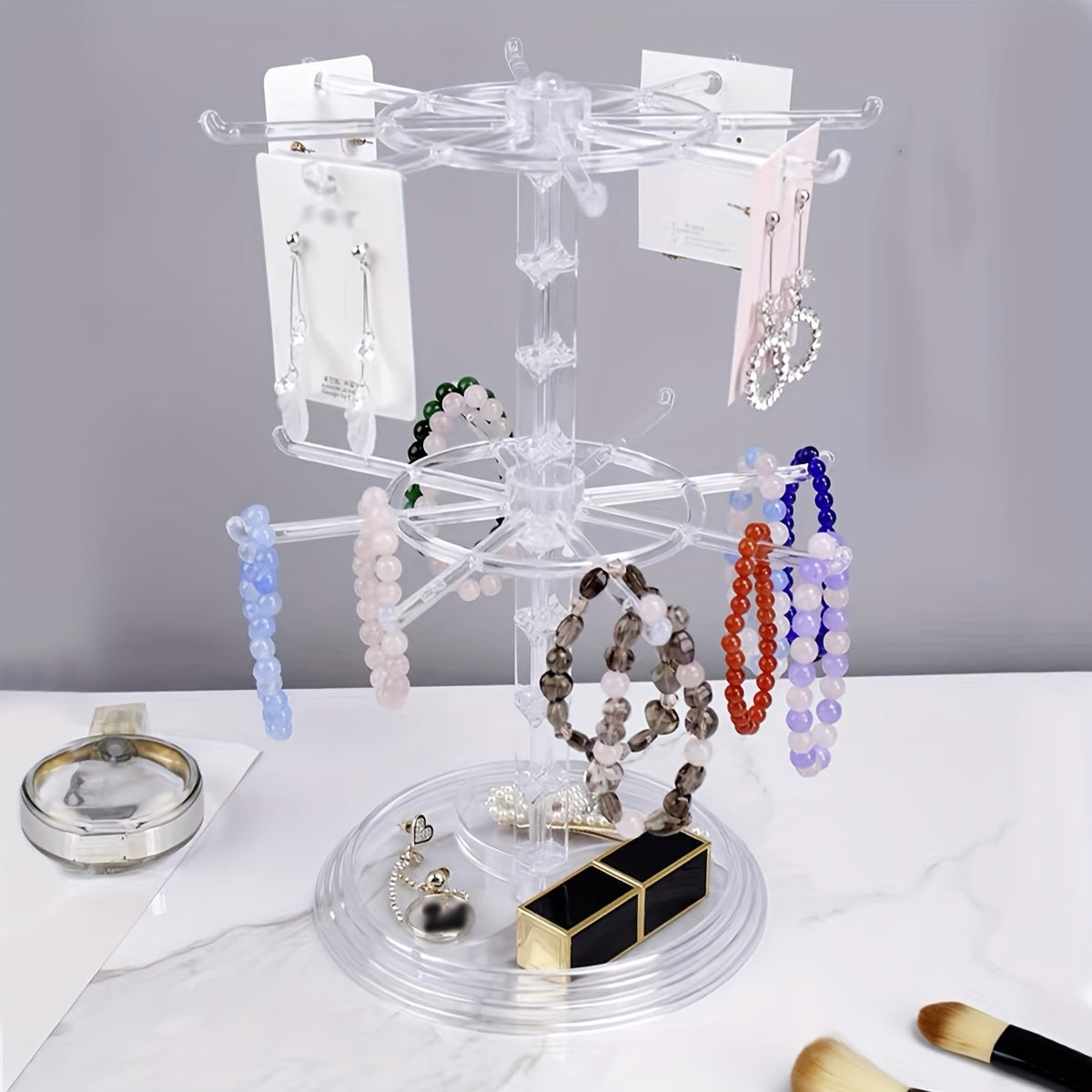 2-Layer Rotatable Storage Rack with 16 Hooks for Keys Jewelry and Accessories