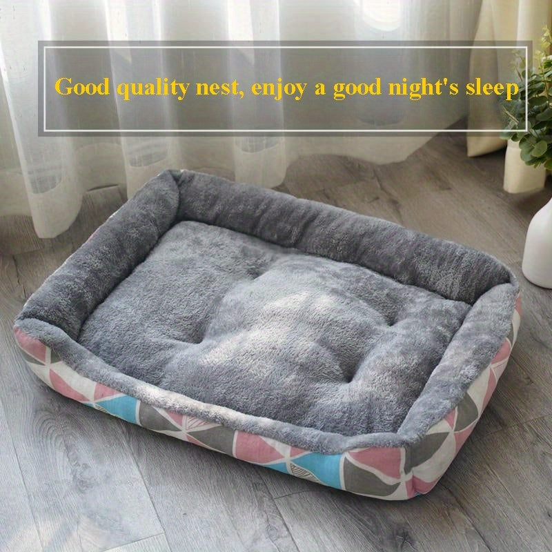 Rectangle Pet Bed for Small Dogs Blue Cartoon Design Soft Polyester Fiber Fill