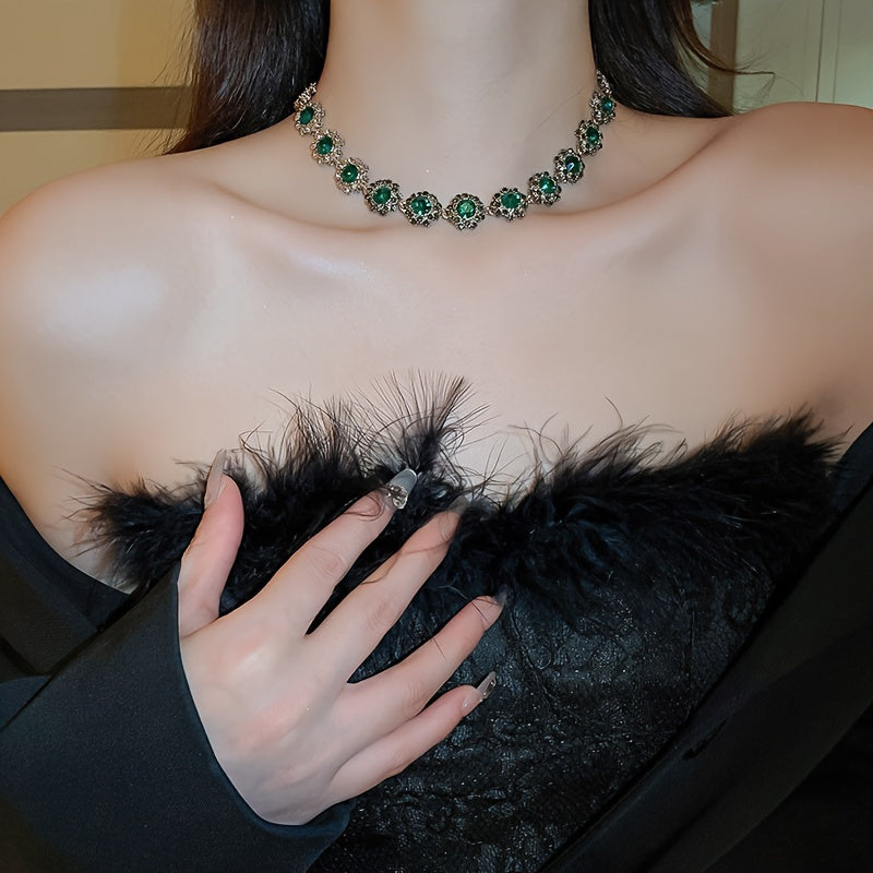 Women’s Jewelry Set with Green Rhinestones Necklace Bracelet Earrings for Special Occasions