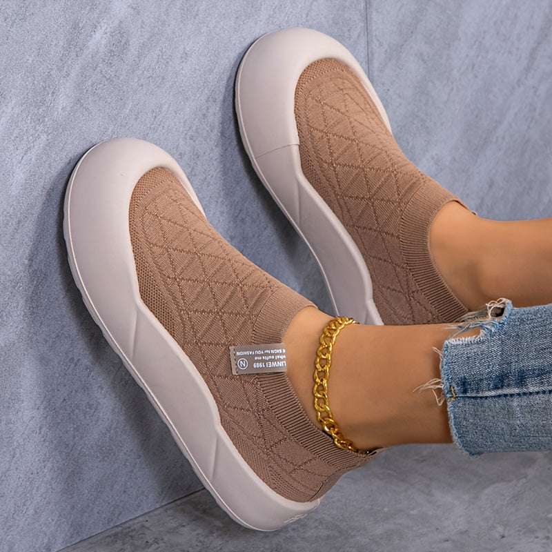 Women’s Slip-On Loafers Breathable Knit Fabric Casual Shoes Beige Green