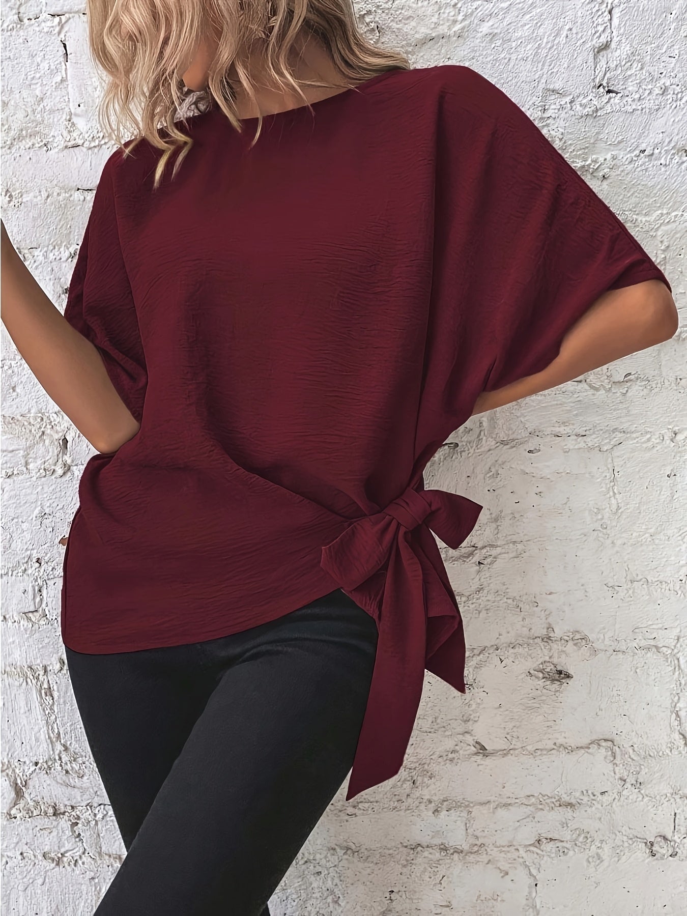 Plus Size Women's Batwing Sleeve Blouse Asymmetrical Knot Casual Shirt