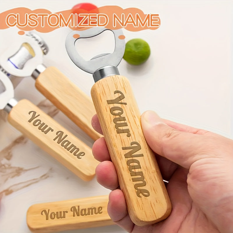 Engraved Wooden Handle Bottle Opener with Stainless Steel Keychain for Holidays and Everyday Use