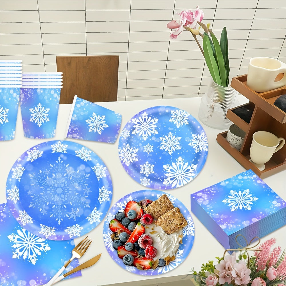 Paquete de suministros para fiesta de invierno congelado, platos de papel con copos de nieve, servilletas, vasos, 10 piezas