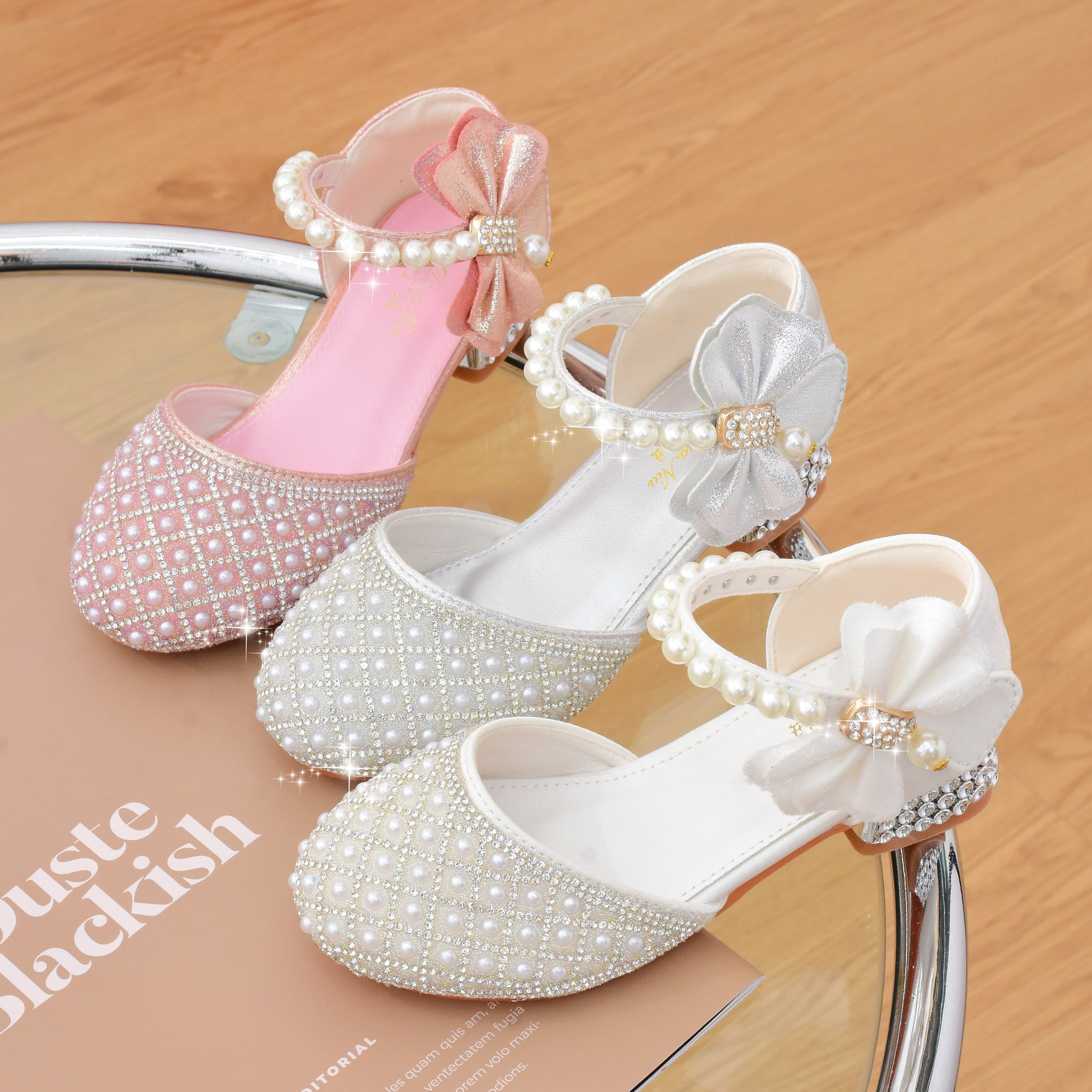 Girls Children's Spring and Summer High Heels with Pearl Crystals Bowknot Butterfly Knot